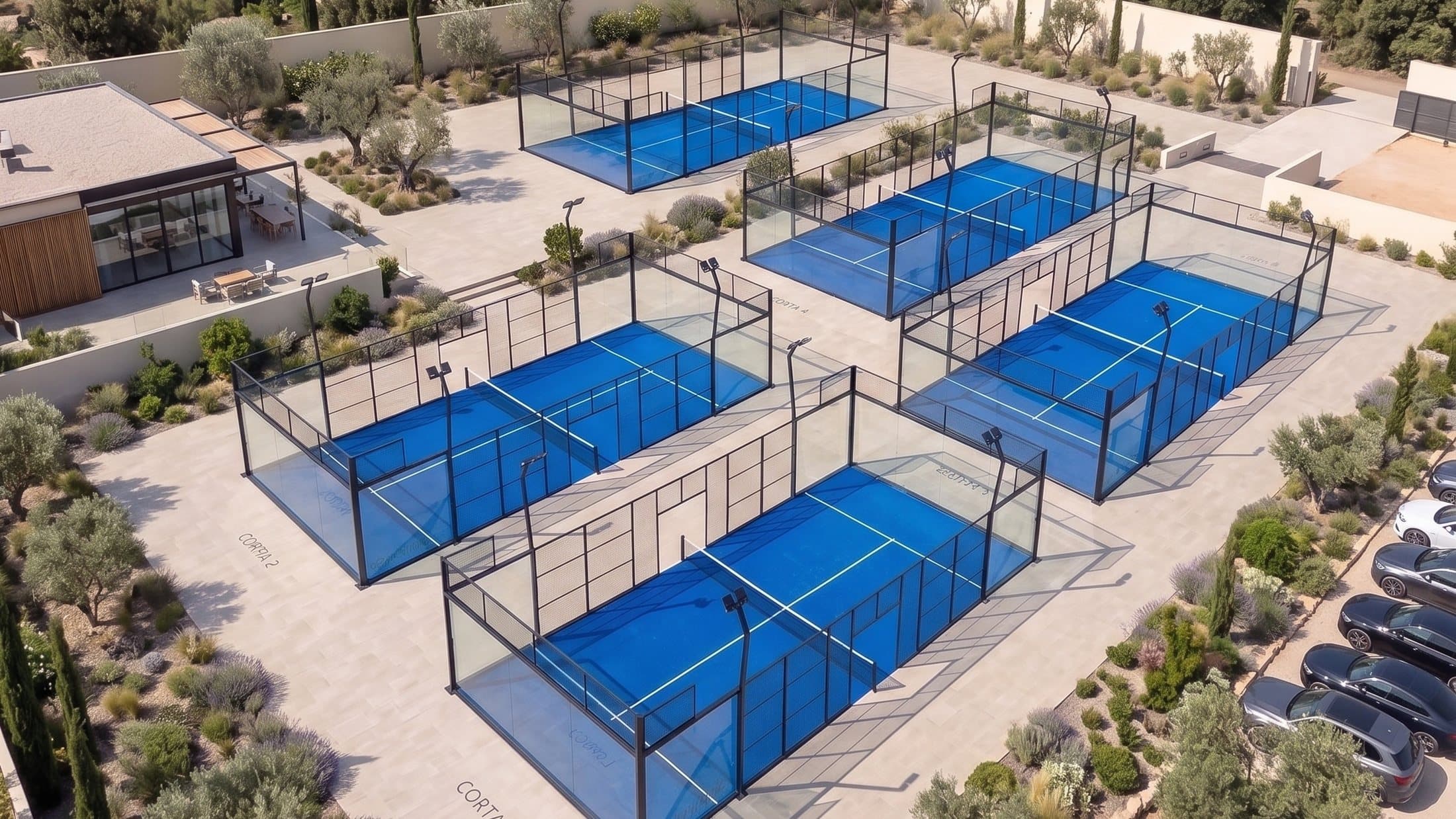 Aerial view of a padel club with five installed courts